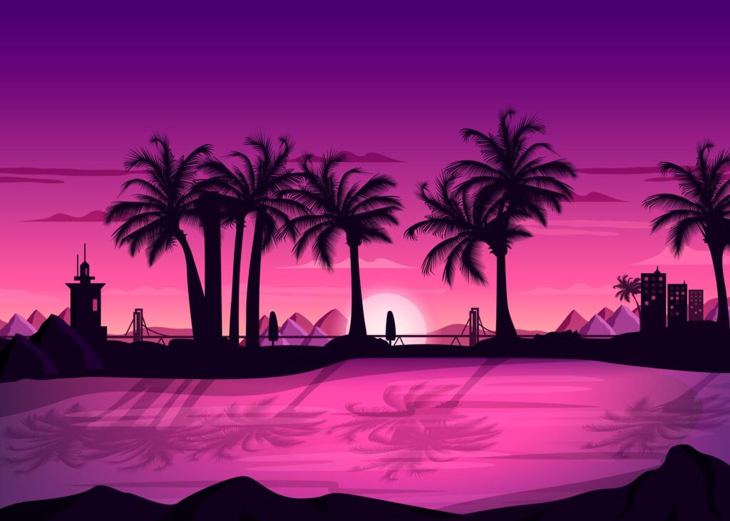 Das Bild zeigt einen Sonnenuntergang und einen See mit Palmen. Das Bild steht für das mieten eines Tretboots in Hagnau am Bodensee